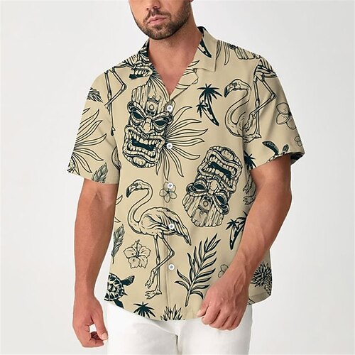 

Homens Camisa Social Camisa havaiana Flamingo Estampas Abstratas Folhas colar cubano Cáqui Casual Feriado Manga Curta Botão para baixo Imprimir Roupa Tropical Moda Roupa de rua Havaiana