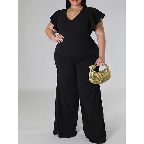 

Damen Jumpsuit Rüsche Hohe Taillenlinie Feste Farbe V Ausschnitt Strassenmode Brautkleider schlicht Täglich Festtage Regular Fit Kurzarm Schwarz Weiß Rote L XL XXL 3XL Frühling