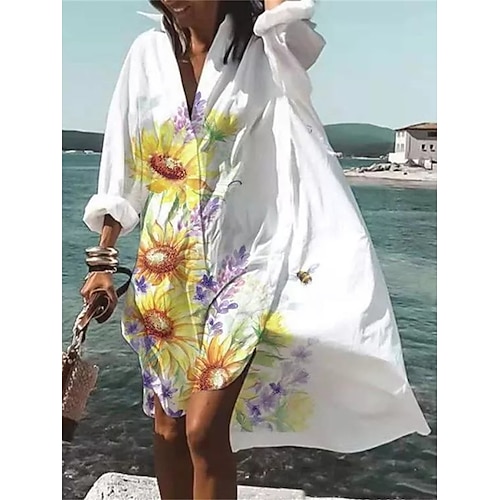 

Per donna Vestito casual Abito stampato Abito largo Floreale Asimmetrico Stampa Colletto Vestito longuette Attivo Di tendenza Esterno Giornaliero Manica lunga Morbido Giallo Rosso Viola Estate