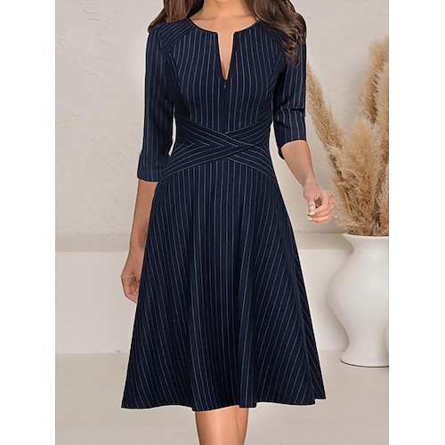 

Dame Arbeidskjole Semi formell kjole Mote Midikjole Glidelås Trykt mønster V-hals Halvlange ermer Stripe Normal Navyblå Sommer Vår S M L XL XXL