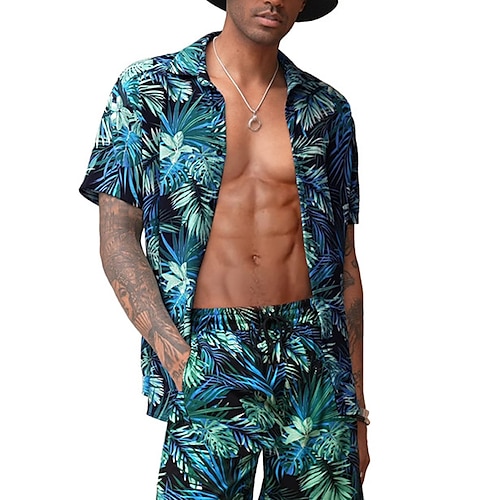 

Men's Shirt Summer Hawaiian Shirt Graphic Prints Palm Leaf Leaves Turndown Dark Blue Street Casual Short Sleeves Button-Down Print Clothing Apparel Tropical Sports Streetwear Designer