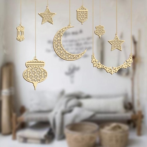 

eid decoração festiva lanterna de madeira hexagonal lua decoração diy pingente conjunto de 8 peças