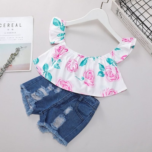 

2 deler Barn Jente Blomstret Shorts dress Sett Kortermet Mote Avslappet 3-7 år Vår Hvit