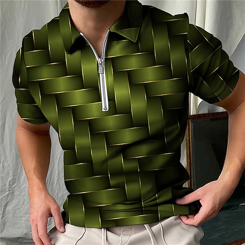 

Men's Polo Shirt Golf Shirt Zip Polo Graphic Prints Geometry Turndown Black Wine Navy Blue Blue Green Outdoor Street Short Sleeves Zipper Print Clothing Apparel Fashion Designer Casual Breathable