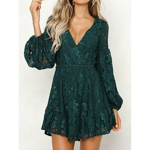

Dame Afslappet påklædning Blonde kjole Skift Kjole Vanlig Blonder V-hals Mini kjole Mode Gade udendørs Stævnemøde Langærmet Løstsiddende Sort Vin Navyblå Forår Sommer S M L XL XXL