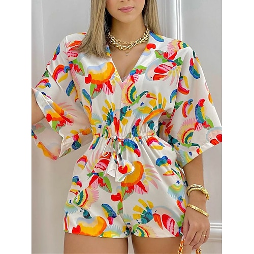 

Women's Romper Print Floral V Neck Streetwear Daily Vacation Regular Fit 3/4 Length Sleeve Rainbow S M L Spring