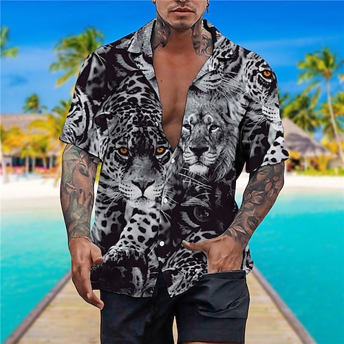 

Homens Camisa Social Camisa havaiana Animal Leopardo Estampas Abstratas Aberto para a Lateral Roxo Cinzento Casual Feriado Manga Curta Botão para baixo Imprimir Roupa Tropical Moda Roupa de rua