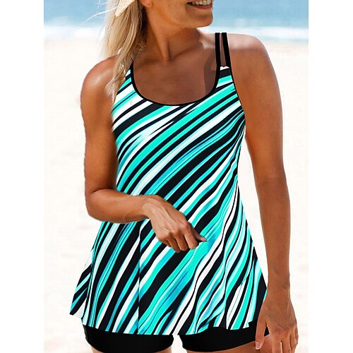 

Mulheres Roupa de Banho Tankini 2 partes Normal roupa de banho 2 Peças Estampado Listra Azul Malha Íntima Fatos de banho Esportivo Roupa de Praia Verão