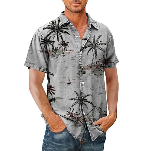 

Herren Hemd Hawaiihemd Sommerhemd Kokosnussbaum Grafik-Drucke Umlegekragen Grau Strasse Casual Kurze Ärmel Button-Down Bedruckt Bekleidung Tropisch Sport Strassenmode Designer