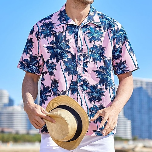 

Homens Camisa Social Camisa havaiana Coqueiro Estampas Abstratas Aberto para a Lateral Preto Branco Rosa Azul Real Azul Rua Casual Manga Curta Botão para baixo Imprimir Roupa Tropical Esportes Roupa