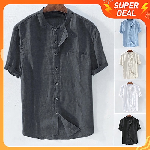 

Men's Linen Shirt Summer Shirt Beach Shirt Standing Collar Spring Summer Short Sleeve Apricot Black White Plain Outdoor Daily Clothing Apparel Button-Down