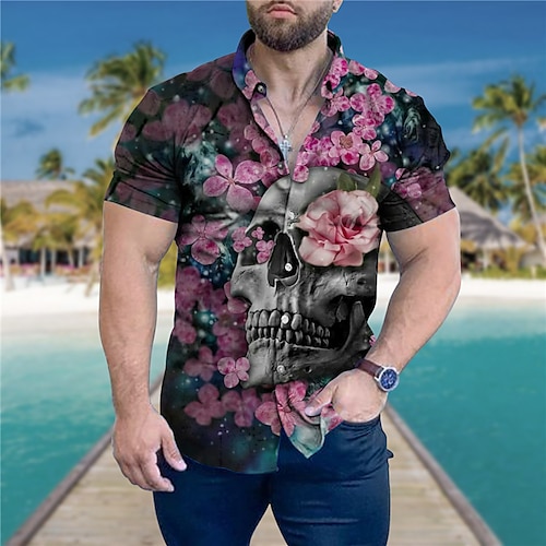 

Men's Shirt Summer Hawaiian Shirt Floral Skull Graphic Prints Turndown Pink Gray Street Casual Short Sleeves Button-Down Print Clothing Apparel Tropical Sports Streetwear Designer