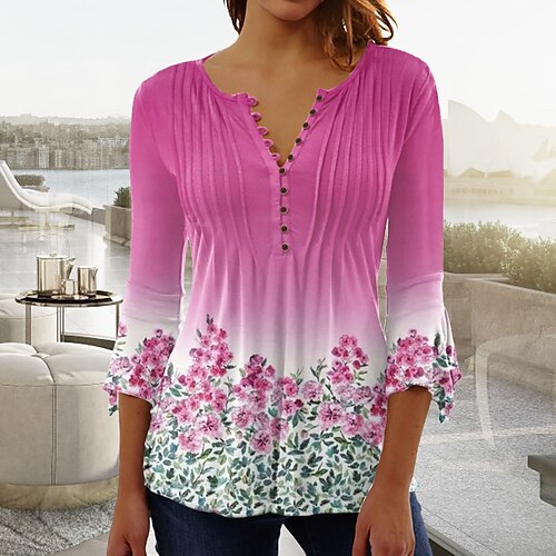 

Damen Hemd Bluse Rosa Blau Purpur Blumen Taste Bedruckt 3/4 Ärmel Festtage Wochenende Strassenmode Brautkleider schlicht Rundhalsausschnitt Standard Blume S