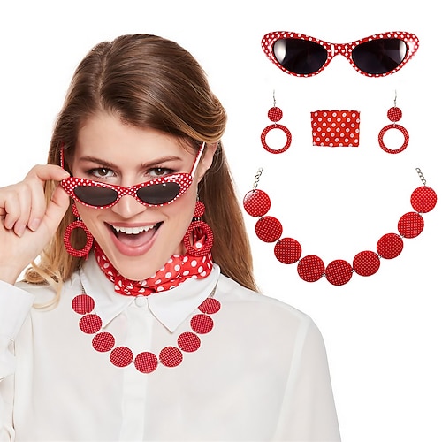 

50's femmes costume accessoires ensemble 1950s mousseline de soie écharpe à pois bandana cravate bandeau boucles d'oreilles collier rétro triangle cat eye lunettes de soleil 5 pièces rouge