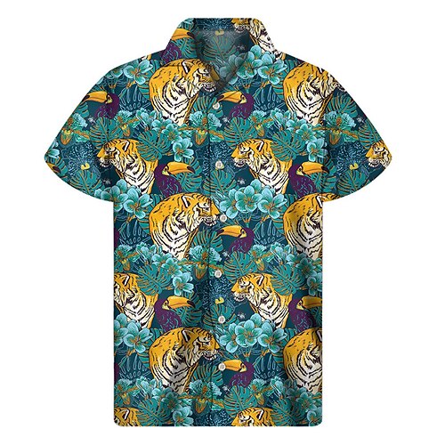 

Men's Shirt Summer Hawaiian Shirt Animal Floral Tiger Graphic Prints Turndown Blue Casual Holiday Short Sleeve Button-Down Print Clothing Apparel Tropical Fashion Hawaiian Soft