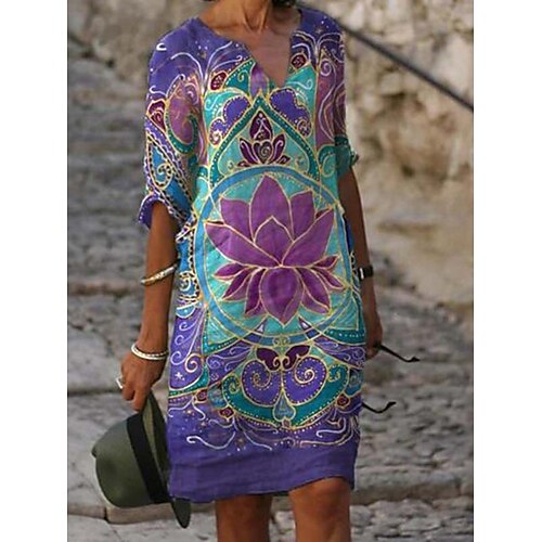 

Dame Afslappet påklædning Skift Kjole Print kjole Blomstret Trykt mønster V-hals Midikjole Aktiv Mode udendørs Daglig Halvlange ærmer Løstsiddende Sort Blå Lilla Forår Sommer S M L XL XXL