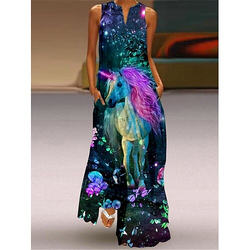 

Dame Lang kjole Maxikjole Uformell kjole Swingkjole Print kjole Dyr Blomstret Fritid Romantikk Ferie Feriereise Strand Lomme Trykt mønster Ermeløs V-hals Kjole Løstsittende Blå Vår Sommer S M L XL XXL