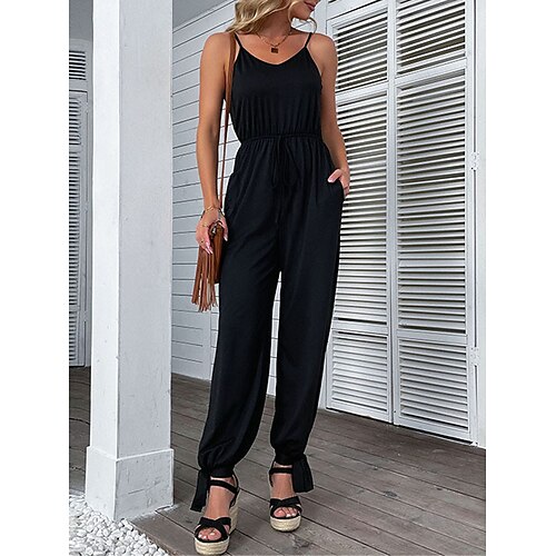 

Combinaison Femme Poche Taille haute Couleur unie Col V Vêtement de rue du quotidien Vacances Standard Sans Manches Noir S Printemps