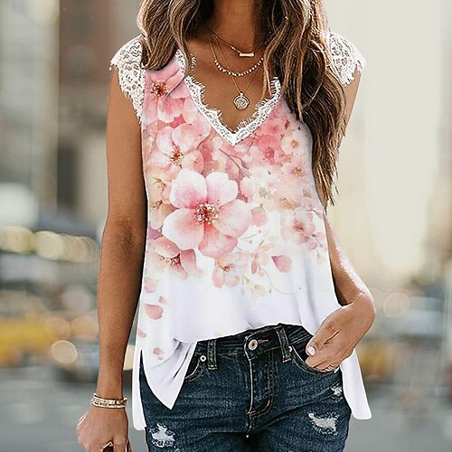 

Damen Tank Top Rosa Blau Khaki Blumen Spitzenbesatz Bedruckt Ärmellos Casual Wochenende Basic V Ausschnitt Standard Blume S