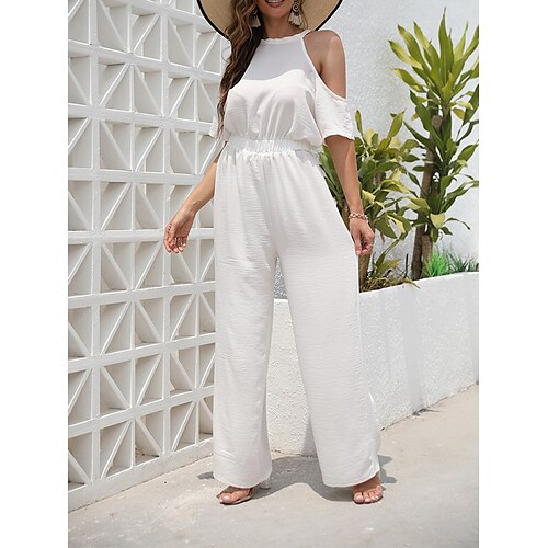 

Mujer Mono Alta cintura Cortado Color sólido Cuello Barco Ropa de calle Diario Vacaciones Ajuste regular Manga Corta Negro Blanco S M L Primavera