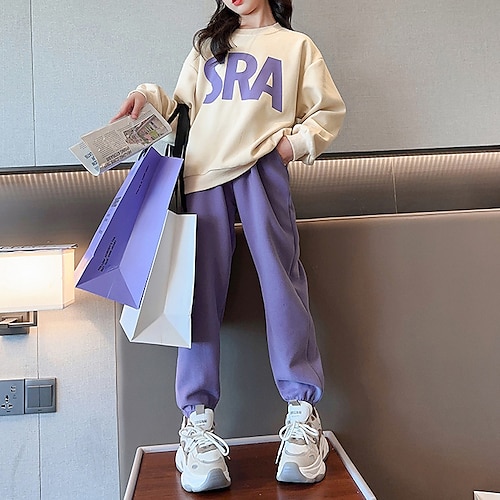 

2 deler Barn Jente Helfarge Crewneck Treningsdresser Sett Langermet Mote utendørs 7-13 år Høst Kamel Lilla