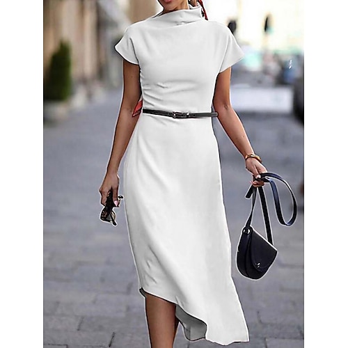 

Women's Work Dress Wedding Guest Sheath Dress Black Dress Fashion Midi Dress Lace up Turtleneck Short Sleeve Plain Regular Fit Black White Summer Spring S M L XL XXL