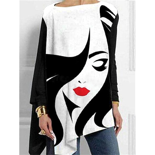 

Mulheres Camisa Social Blusa Preto Retrato Assimétrico Imprimir Manga Longa Casual Diário Básico Decote Redondo Longo Retrato Tamanho Grande S