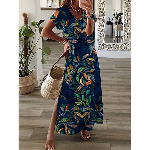 

Dame Lang kjole Maxikjole Uformell kjole Print kjole Blad Mote Gatemote Daglig Stevnemøte Feriereise Delt Trykt mønster Kortermet V-hals Kjole Normal Navyblå Vår Sommer S M L XL XXL
