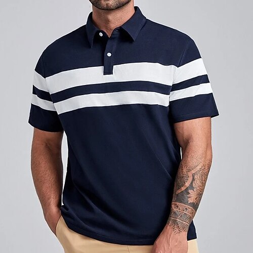 

Per uomo POLO Camicia da golf Golf Attività commerciale Informale Classico Maniche corte Essenziale A strisce Collage Pulsante Estate blu navy POLO