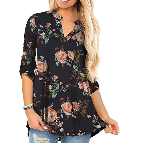 

Mujer Camisa Blusa Granate Negro Azul Marino Floral Cachemir Estampado Manga Larga Casual Festivos Básico Escote en Pico Regular Flor S