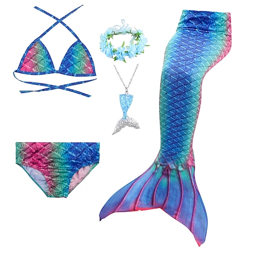  Gyerekek Lány Öt darab Mermaid fürdőruha Fürdőruha Bikini Úszás Szivárvány aranyos stílus Szexi Nyomtatott Fürdőruhák 3-10 év Nyár Világoskék Vörös arany
