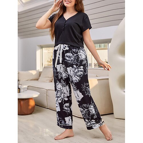 

Per donna Plus Size Pigiami Top e pantalone del pigiama Completi Fiore decorativo Semplice Informale Comoda Interni Giornaliero Da letto Rayon Traspirante Spacco a V Manica corta maglietta Pantalone