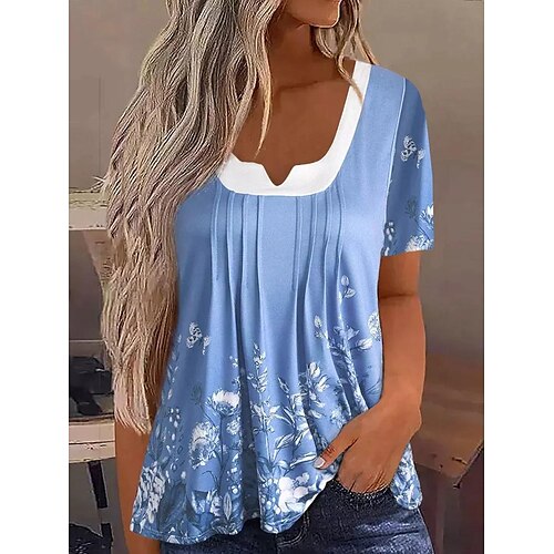 

Damen T Shirt Blau Blumen Punkt Bedruckt Kurzarm Casual Festtage Basic V Ausschnitt Standard Blume S