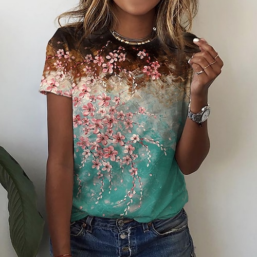 

Dame T-shirt Grøn Blomstret Trykt mønster Kortærmet Ferie Weekend Basale Rund hals Normal Blomster Tema Maleri S