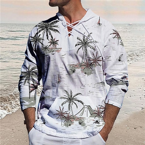 

Homens Camisa Social Coqueiro Estampas Abstratas Decote V Branco Amarelo Verde Ao ar livre Rua Manga Longa Com Cordão Imprimir Roupa Moda Roupa de rua Designer Macia