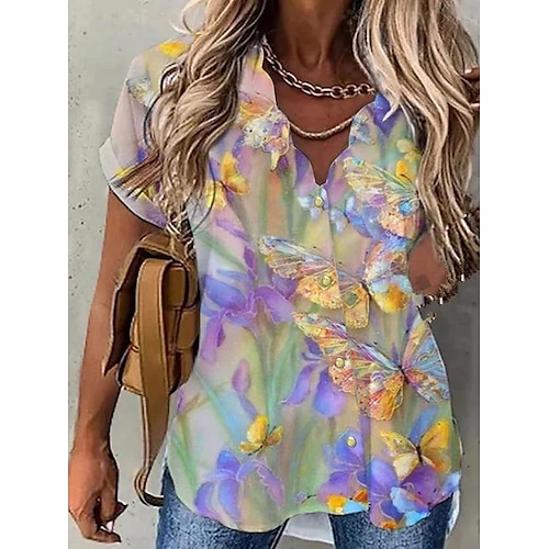 

Mujer Camisa Blusa Amarillo Rosa Morado Floral Botón Estampado Manga Corta Casual Festivos Básico Escote en Pico Regular Flor S