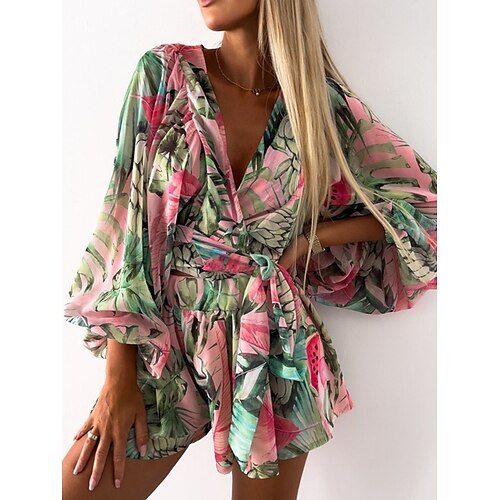 

Women's Romper Pleated Print Floral V Neck Streetwear Daily Vacation Regular Fit Long Sleeve Pink Red Blue S M L Spring