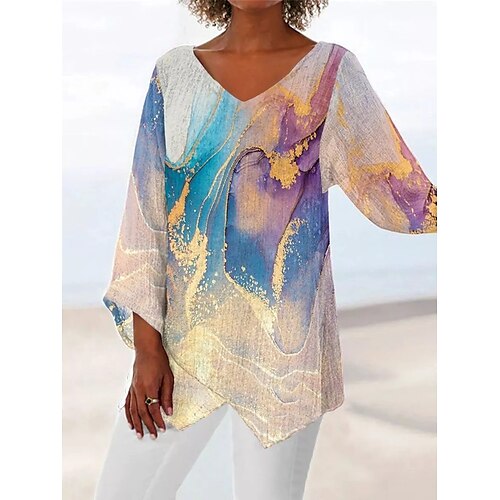 

Women's Shirt Blouse Yellow Light Green Royal Blue Graphic Abstract Asymmetric Print Long Sleeve Casual Daily Basic V Neck Long Plus Size S