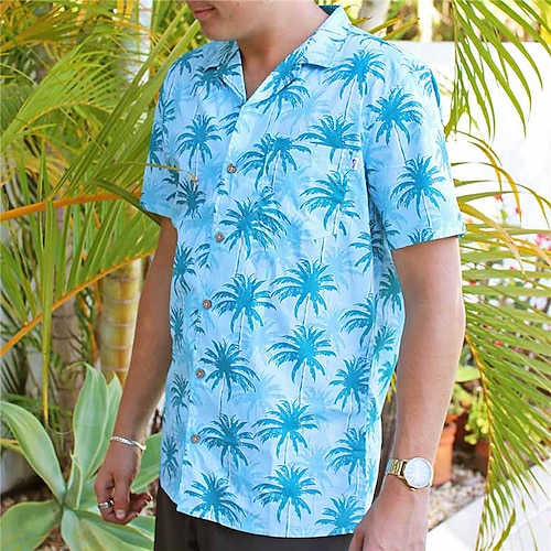 

Men's Shirt Summer Hawaiian Shirt Coconut Tree Graphic Prints Turndown Blue Casual Holiday Short Sleeve Button-Down Print Clothing Apparel Tropical Fashion Streetwear Hawaiian