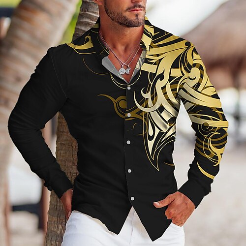 

Homens Camisa Social Estampas Abstratas Totem Aberto para a Lateral Amarelo Azul Verde Cinzento Ao ar livre Rua Manga Longa Botão para baixo Imprimir Roupa Tropical Moda Designer Macia