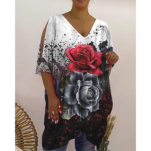 

Women's T shirt Tee Pink Red Blue Graphic Floral Cut Out Print Short Sleeve Daily Weekend Basic V Neck Long Floral Abstract Painting Plus Size XL