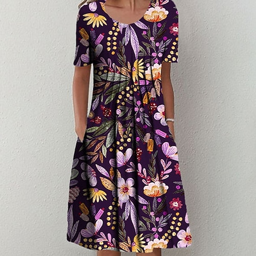 

Women's Casual Dress Sheath Dress Summer Dress Floral Pleated Print Crew Neck Mini Dress Fashion Modern Daily Weekend Short Sleeve Regular Fit Black Purple Dark Blue Spring Summer S M L XL XXL