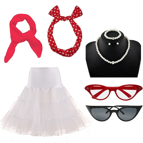 

8 Pack 1950s Set Underskirt Petticoat Polka Dots Bandana Tie Headband Scarf Cat Eye Glasses Sunglasses Pearl Necklace Bracelet Earrings