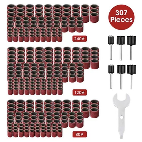 307 Pieces Drum Sander Set Sanding Drum Kit 300 Pieces Sanding Band Sleeves  (80 /120 /240 ) + 6 Pieces Drum Mandrels for Dremel Rotary Tool  (2.35Mm/3.17Mm)+ 1 Combination Wrench 2024 - $16.99