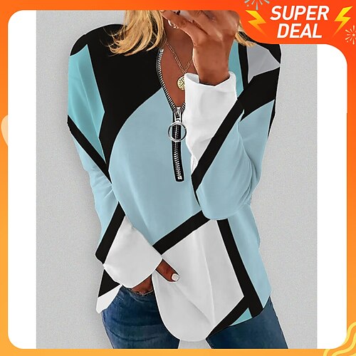 

Women's Sweatshirt Pullover Active Streetwear Quarter Zip Print White Blue Purple Color Block Daily V Neck Plus Size Long Sleeve