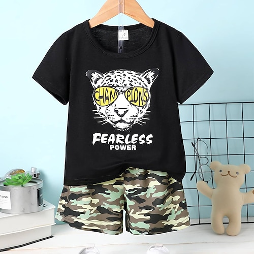 

2 pezzi Bambino Da ragazzo T-shirt e pantaloncini Completo Vestito Leopardo Camouflage Manica corta Impostare Esterno Di tendenza Fantastico Estate 3-7 anni Nero