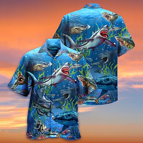 

Homme Chemise Chemise hawaïenne Requin Imprimés Photos Col rabattu Bleu Casual Vacances Manche Courte Bouton bas Imprimer Vêtement Tenue Tropique Mode Vêtement de rue Hawaïen