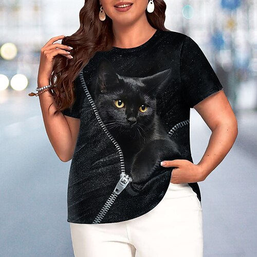 

Dame T skjorte Sølv Gull Katt 3D Trykt mønster Kortermet Avslappet Helg Grunnleggende Rund hals Normal 3D Cat Maling Store størrelser L