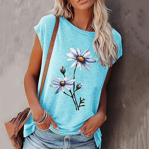 

Damen T Shirt Schwarz Weiß Rosa Blumen Bedruckt Halbärmel Festtage Wochenende Basic Rundhalsausschnitt Standard Blume Farbe S