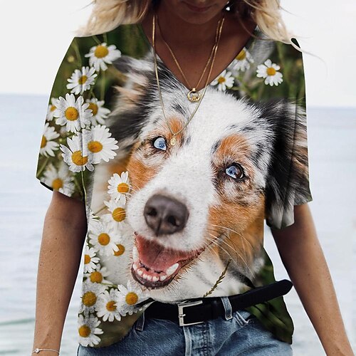 

Mulheres Camiseta Branco Vermelho Azul Cachorro Imprimir Manga Curta Diário Final de semana Básico Decote V Padrão Pintura Tamanho Grande S